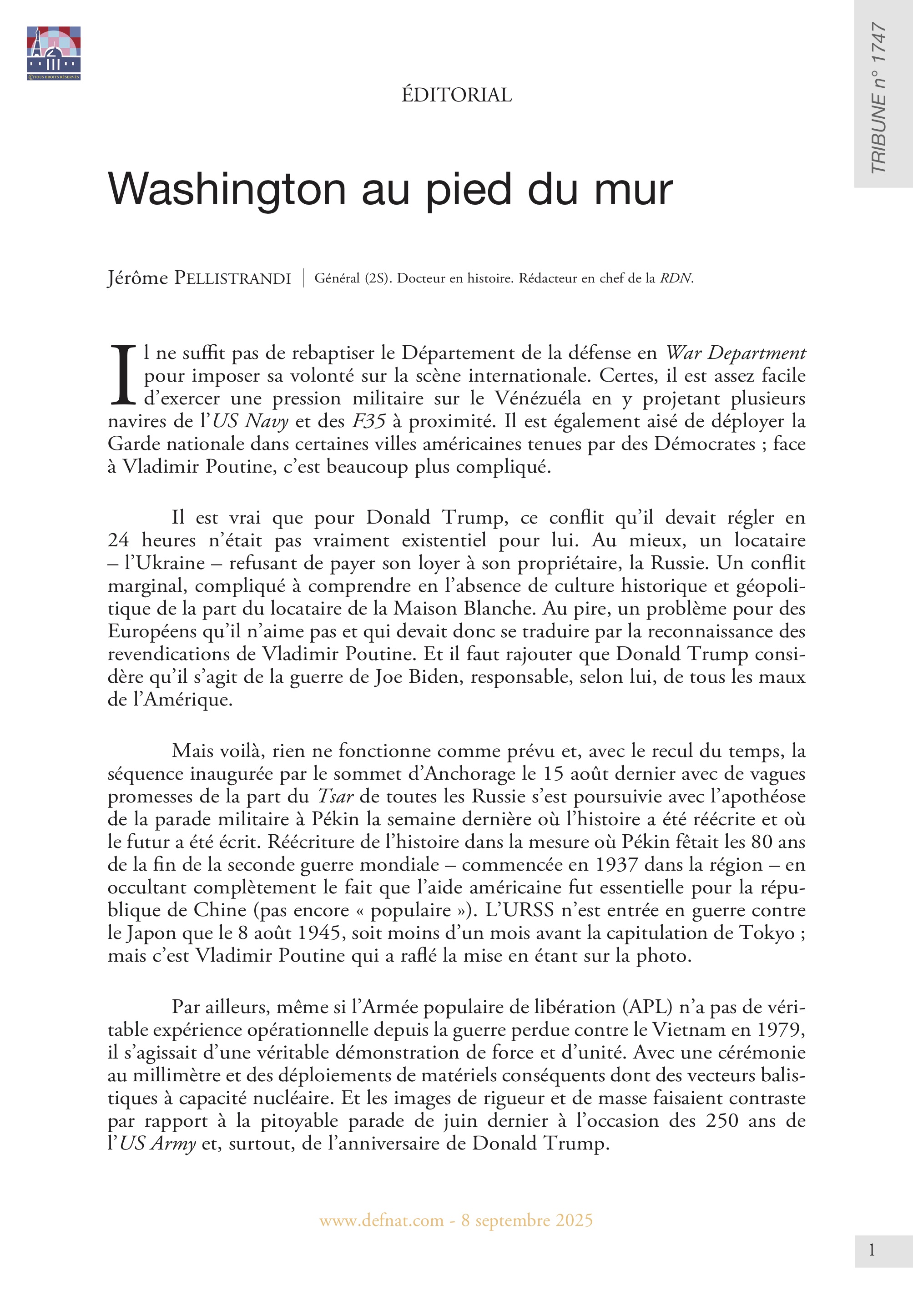 Éditorial — Washington au pied du mur (T 1747)
